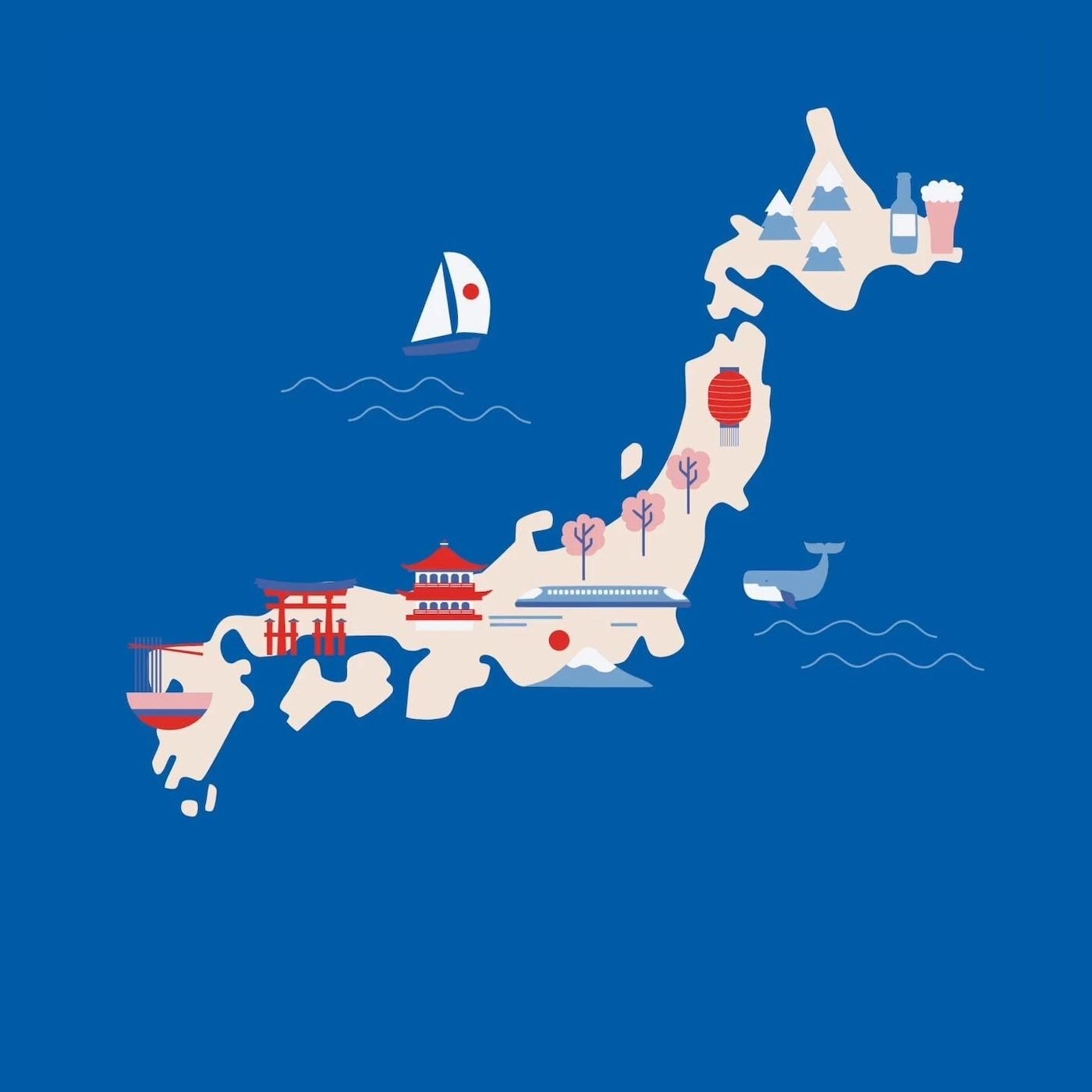 A graphic image of a map of Japan, with a blue background.